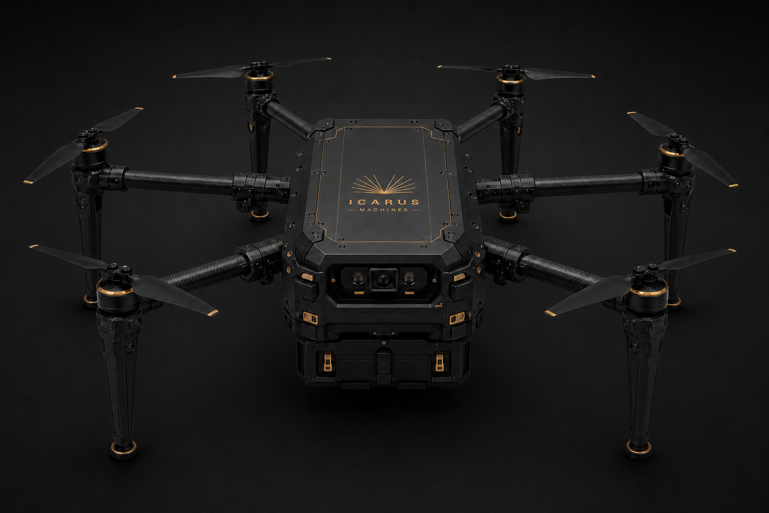 Front view of a black six-rotor Icarus Machines aircraft concept with carbon-fiber arms, integrated landing legs, and a forward sensor array.